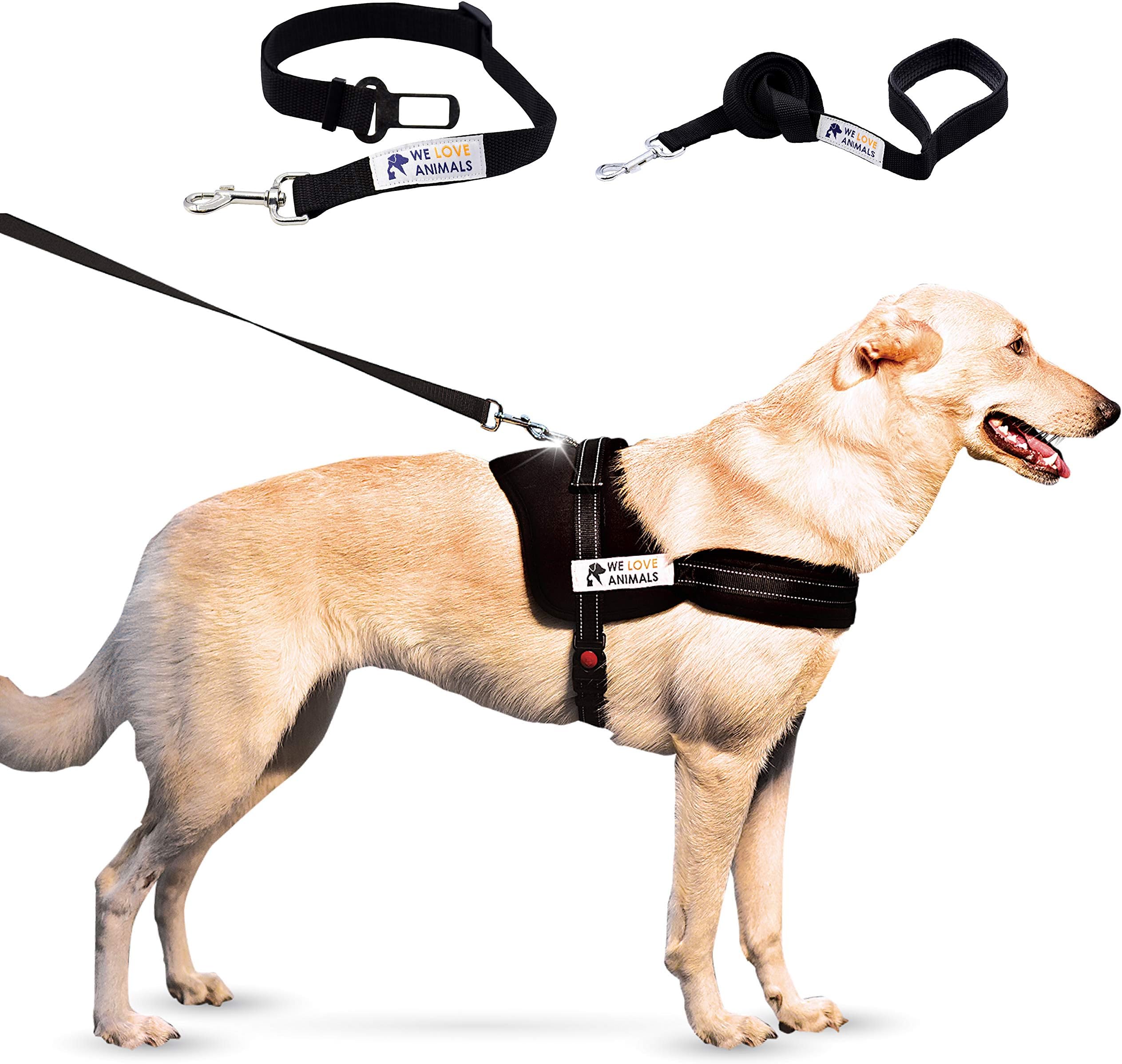 Padded Dog Harness Set: No More Struggling! Easy & Full Control with a Durable No-Pull Harness, Comfortable for Your Pet, Black - Medium. Reflective & Washable. Includes a Leash and a Car Seat-Belt
