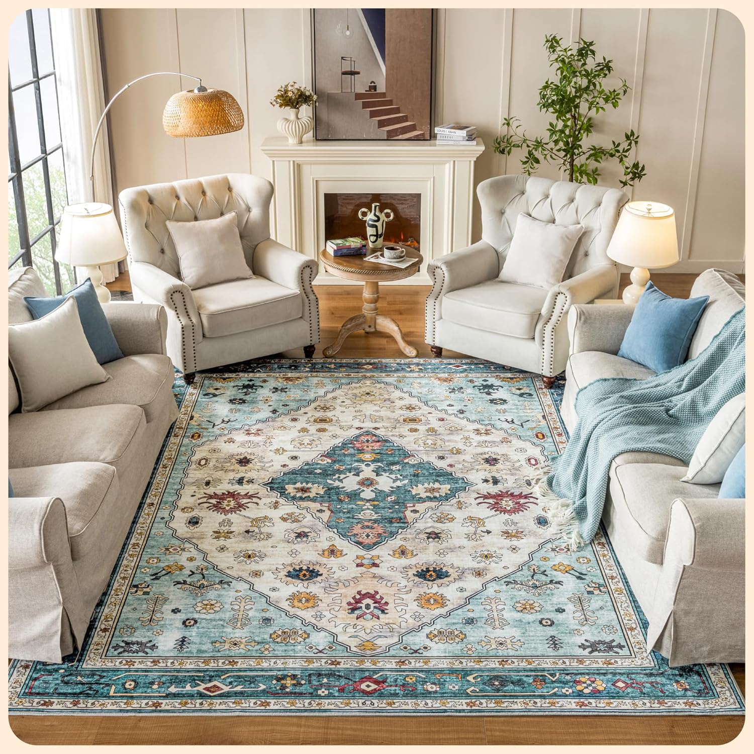 Istana Rugs 8x10 - White Cream/Blue Area Rug - Foldable Bedroom Area Rugs 8x10 - Stain Resistant 8x10 Area Rugs - Washable Rug 8x10-8 x 10 Area Rugs for Living Room - Eco-Friendly Area Carpet 8X10 White Cream / Blue