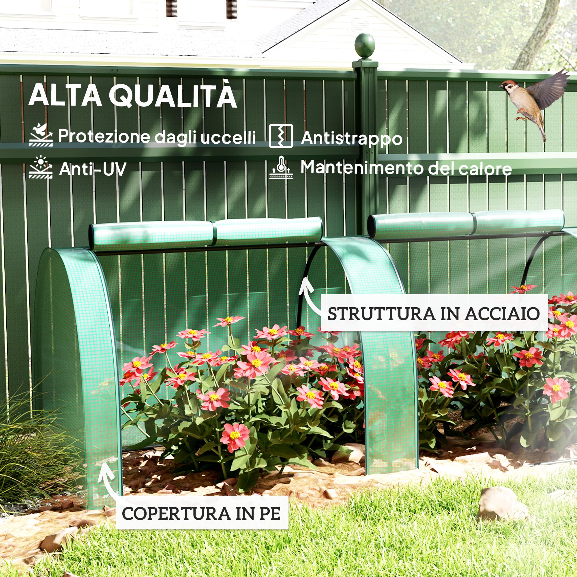 Outsunny Serra da Giardino a Tunnel 4 Porte Avvolgibili 4x1x0.8 m Verde | 4 Porte Avvolgibili, Copertura PE, Serra per Orto, per Orto Verdure Fiori Frutta