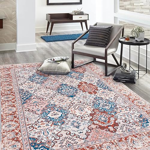 Miniatura 6 de YOEGE Alfombra bohemia de 5 x 7 pies, lavable, antideslizante, alfombra suave para sala de estar, dormitorio, cocina, comedor, rosaazul marino