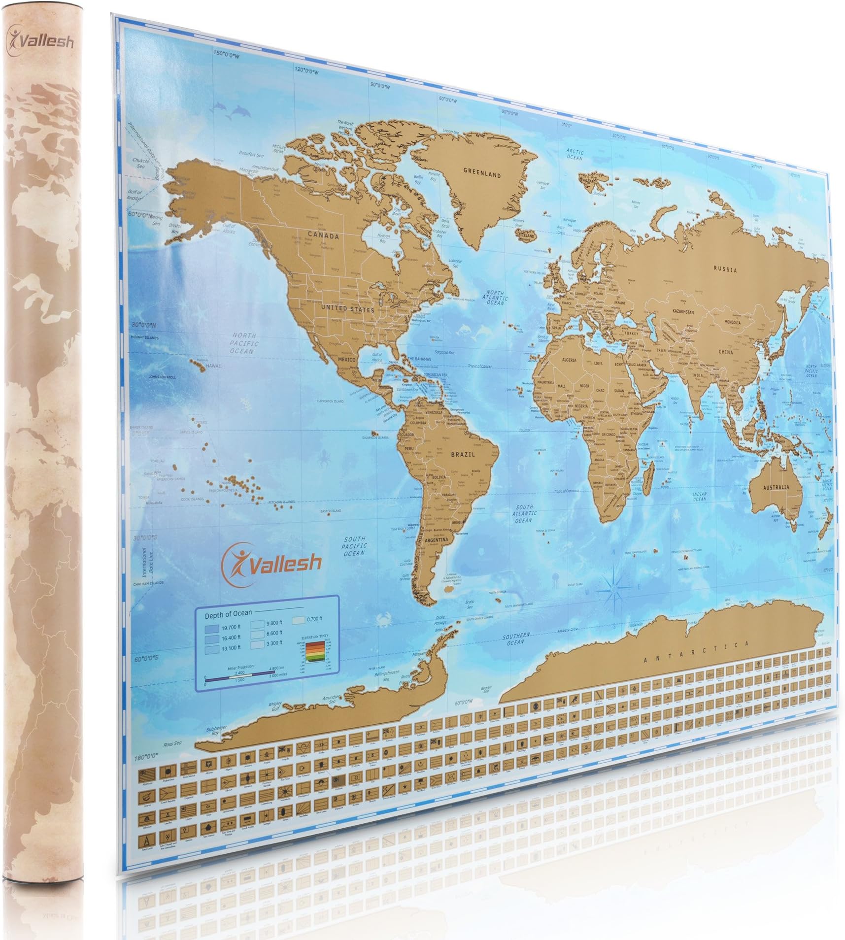 Vallesh - Scratch Off World Map Poster with Scratcher - Shows US States & Country Flags - Large, Detailed, Educational - Wall Art, Decor - Great for Kids, Family and Friends - Adventure and Travel Map