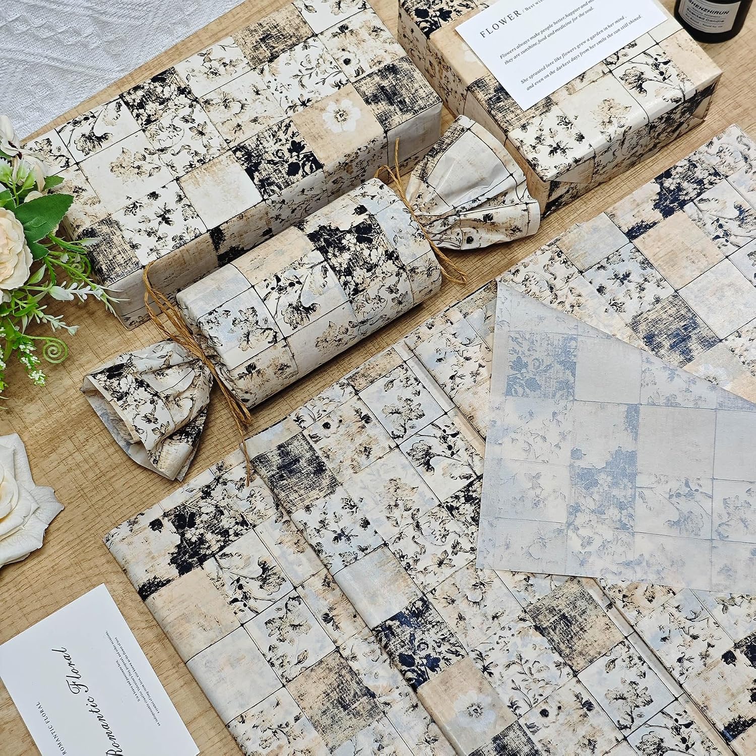 LIAPAWPAW Vintage Linen Floral Tissue Paper, 60 Sheets, 20 x 14 in, Elegant Black & Beige Flower Tissue Paper for Gift Bags, Crafts & Decorative Packaging, Brown Gift Wrap for Fall Wedding Holiday image 4
