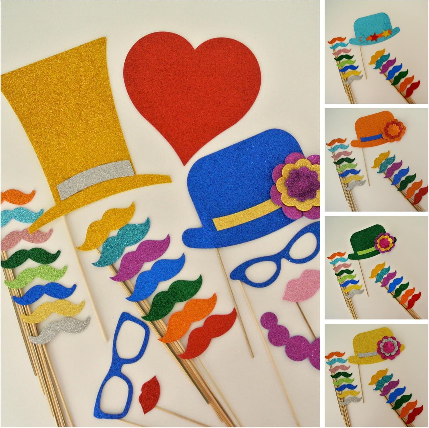 Mustache on a Stick Photo Booth Party Supplies Party Favors 100 Pc Top Hats Bowler Hats Hearts Mustache on a Stickits Vintage Eyeglasses Lips