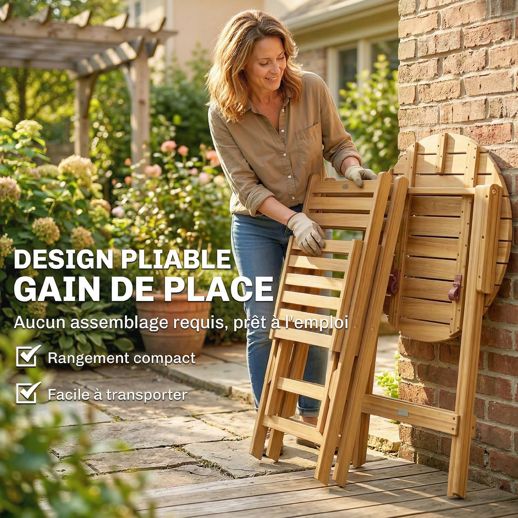 Outsunny Ensemble de Bistrot 3 Pièces Pliable en Bois d'Acacia, Table Ronde 60 cm et 2 Chaises à Lattes san Montage, Salon de Jardin Extérieur pour Balcon Patio Jardin, Naturel