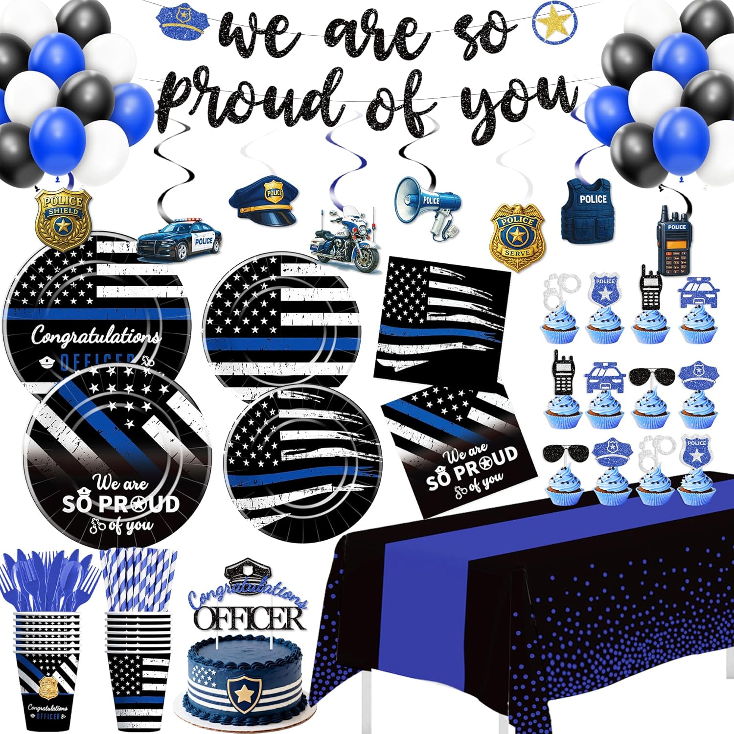 Police Graduation Party Decorations, Police Party Supplies for Officer Grad Academy Retirement Promotion Birthday, Plate, Cup, Napkin, Tablecloth, Banner, Swirl, Balloon, Topper, Straw, Serve 24