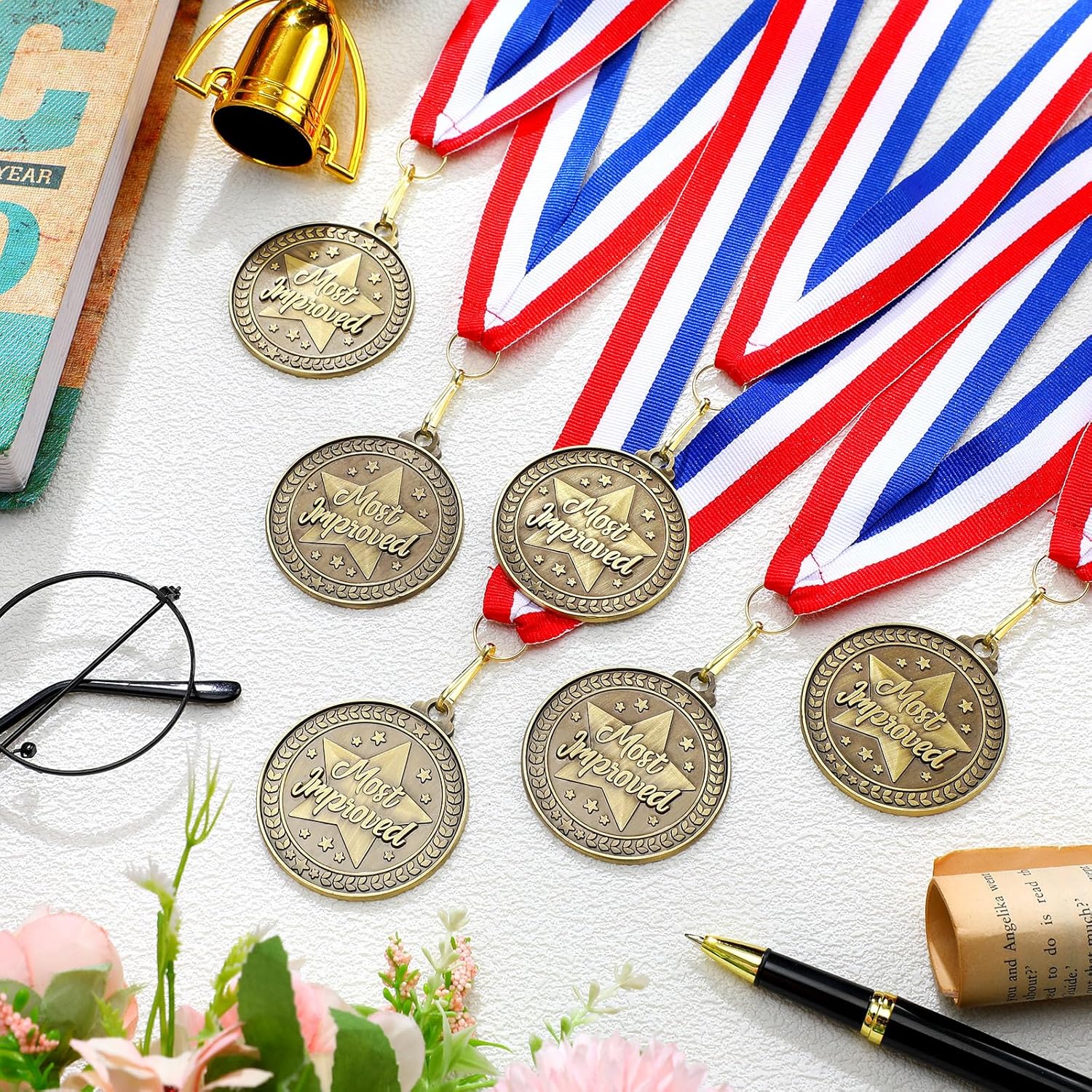 Quelay 30 Pcs 2'' Award Medals Bulk Gold Winner Medals with Neck Ribbons Metal Trophy Award Prize Gift for Tournaments, Competitions, Party, Kids and Adults