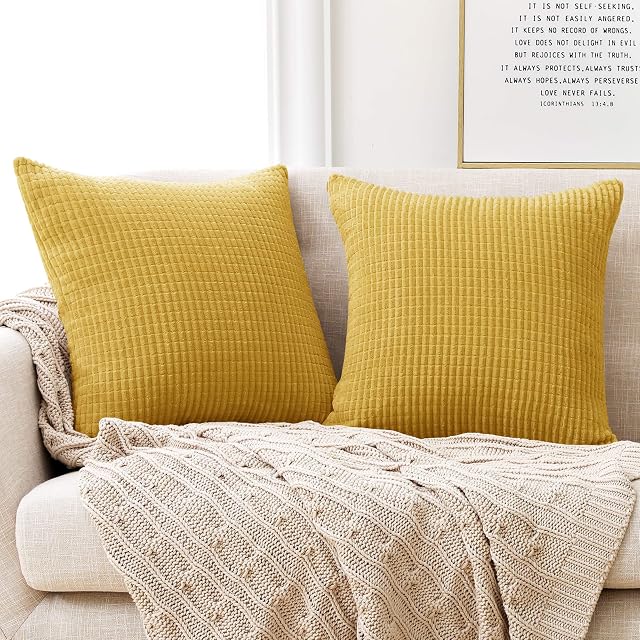 Deconovo Set of 2 Super Soft Solid Cushion Covers, Corduroy Large Cushion Covers 60cm x 60cm, 24x24 Inches Grid Square Throw Pillow Covers for Sofas Seats(Mustard, 2 Pieces)
