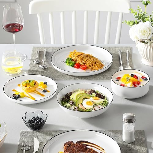 Miniatura 8 de MALACASA Juego de platos y cuencos, juego de vajilla de porcelana moderno de 24 piezas para 6 platos de cerámica de color blanco, con borde negro,
