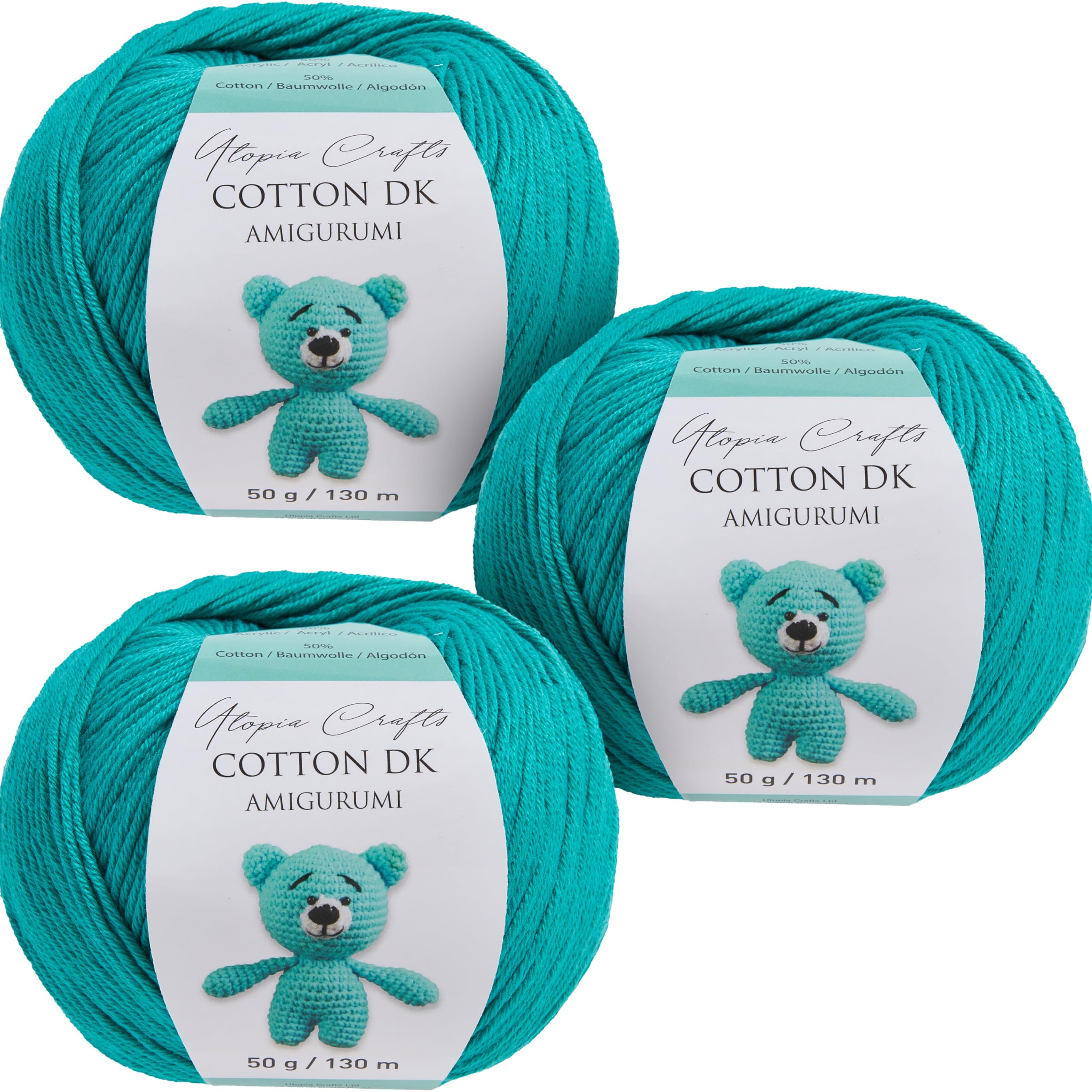 Utopia Crafts Amigurumi Cotton DK Yarn for Crochet and Knitting 50% Cotton, 50% Acrylic Blended, 3X 50g (Jade Green)