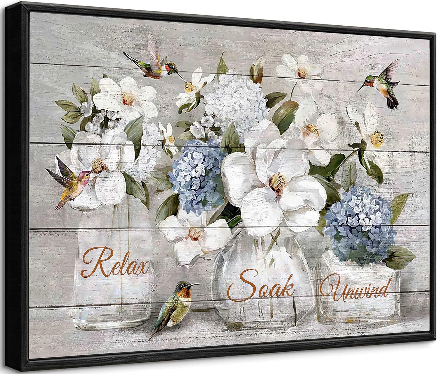 Framed Bathroom Floral Wall Art Farmhouse Bathroom Wall Decor Rustic Hummingbird Flowers Picture Wall Decor Relaxing Soaking Canvas Prints for Bathroom painting 24x16 inch