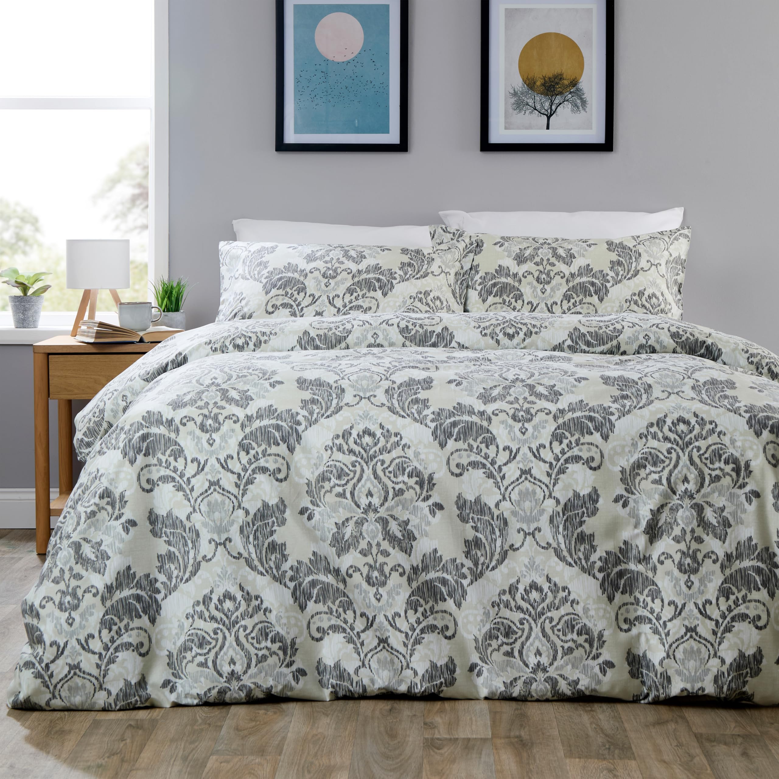 Olivia Rocco Easy Care Printed Duvet Cover Set 100% Microfibre Polyester Breathable Stylish Comforter Reversible Quilted Bedding Bed Sets With Pillowcases, Regal Damask - Grey - Single