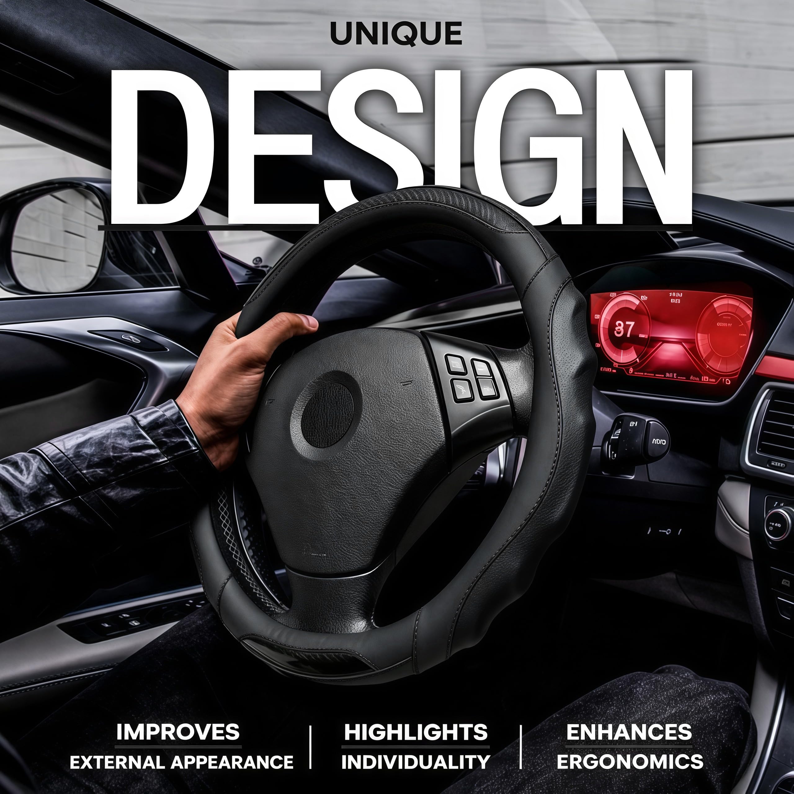 Funda de cuero para volante de automóvil, 14.5-15 pulgadas, antideslizante, universal para coches, camiones, SUV, accesorios de automóvil (línea negra - negra)