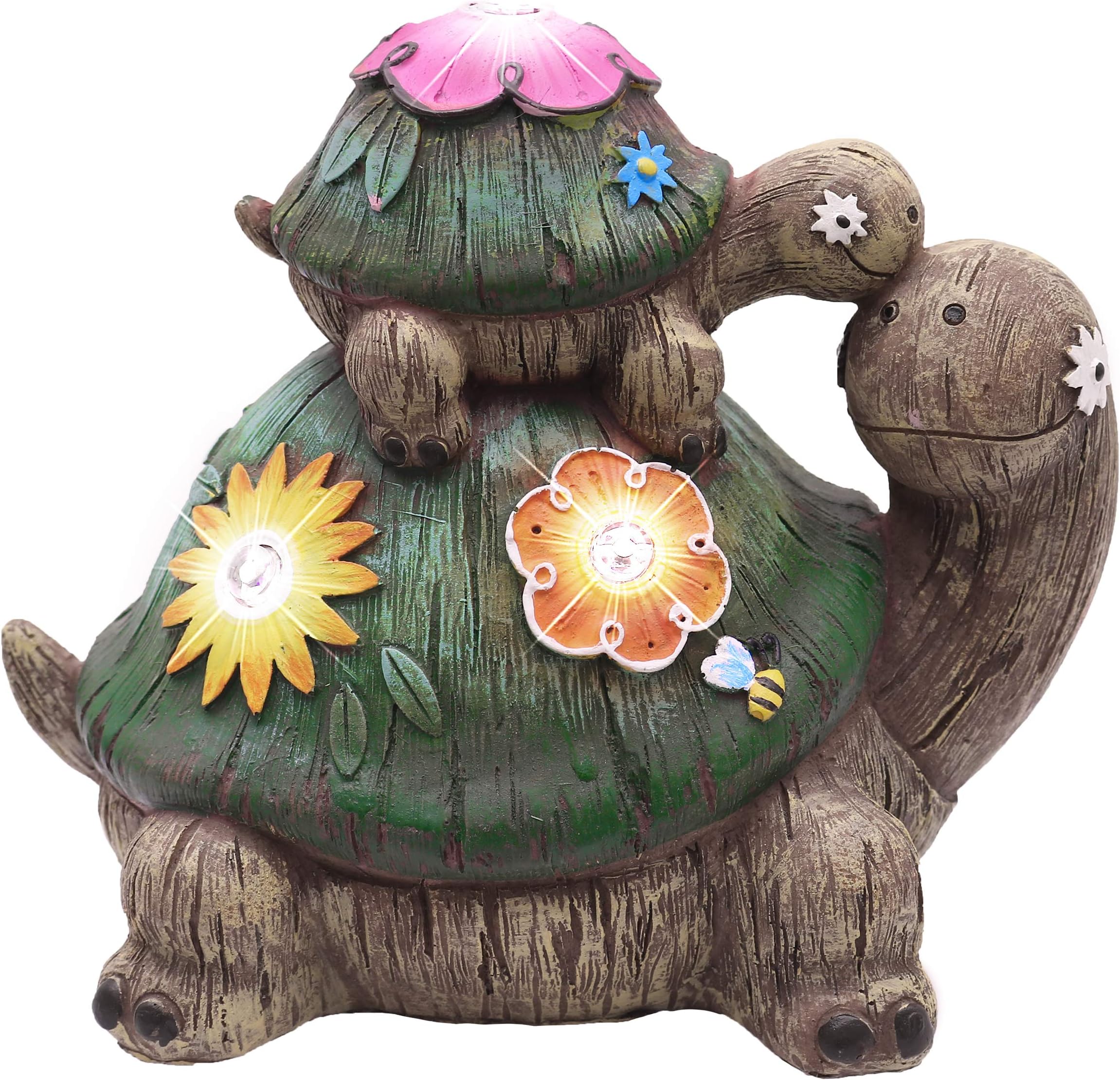 TERESA'S COLLECTIONS Garden Decor, Turtles Garden Decor, Family Tortoises with Solar Light, Waterproof Resin Garden Statue, Turtles Gifts Birthday Gifts for Women Mom, 7"