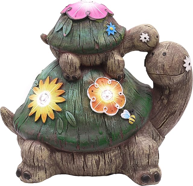 TERESA'S COLLECTIONS Tortoise Mother and Baby Garden Ornaments Outdoor with Solar Led Lights, Waterproof Resin Turtle Garden Statue Figurines for Patio Lawn Yard Decorations, 17cm
