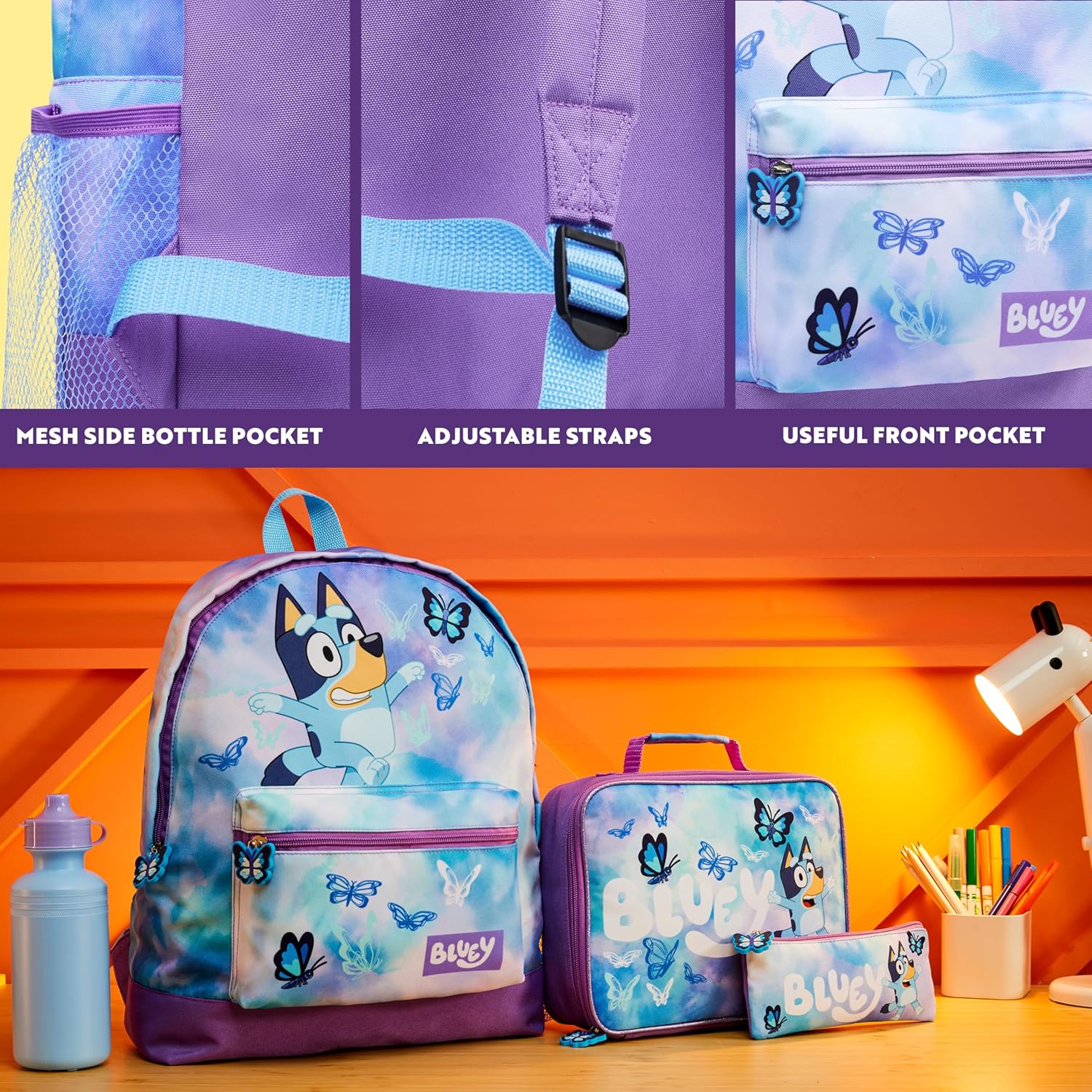 Bluey Backpack Set 4 Pcs with Water Bottle Pencil Case Modern Lunch Bag or Sports Gym Drawstring Bag Gifts for Kids Butterfly - Image 4