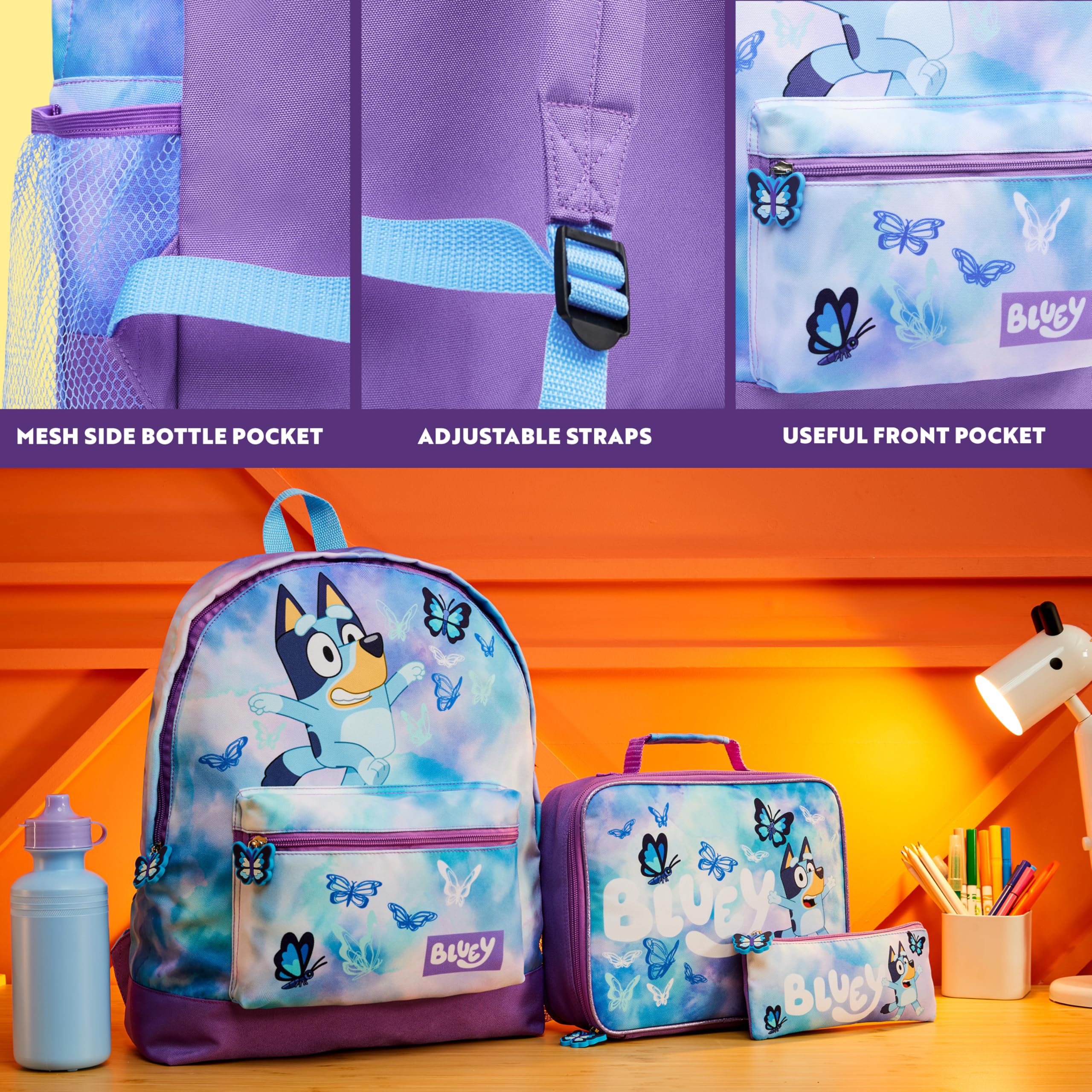 Bluey Mochilas Escolares Set de Mochila Escolar Guarderia 4 Piezas con Botella Agua Estuche Escolar Bolso Deporte o Bolsa Almuerzo Mariposa
