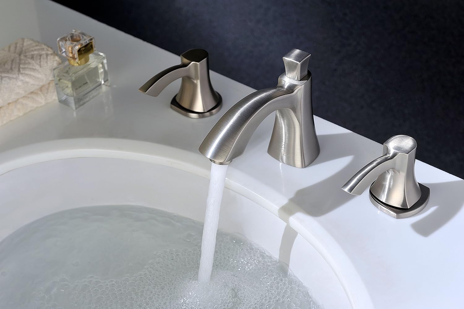 Up To 40% OFF ANZZI Sonata Widespread Bathroom Faucet | cUPC Brushed Nickel 3 Piece Bathroom Faucet | Deck Mount 3 Hole Two Handle Wide Bathroom Faucet | L-AZ015BN