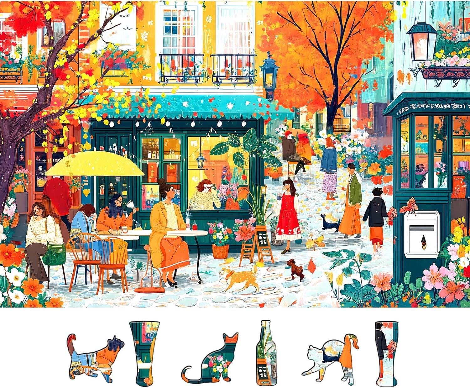 Autumn Cafe Scene Puzzle for Adults 500 Pieces Colorful Street Jigsaw Puzzle with Letters on Back Fall City Street Landscape Challenging Puzzle Ideal for Family Game Nights & Seniors (23''×15'')