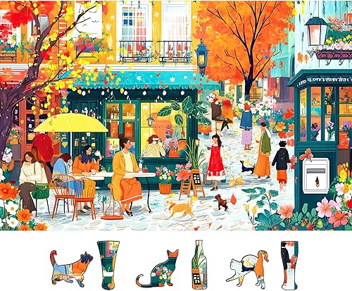 Rompecabezas de escena de café de otoño para adultos, 500 piezas, colorido rompecabezas de calle con letras en la parte posterior, rompecabezas