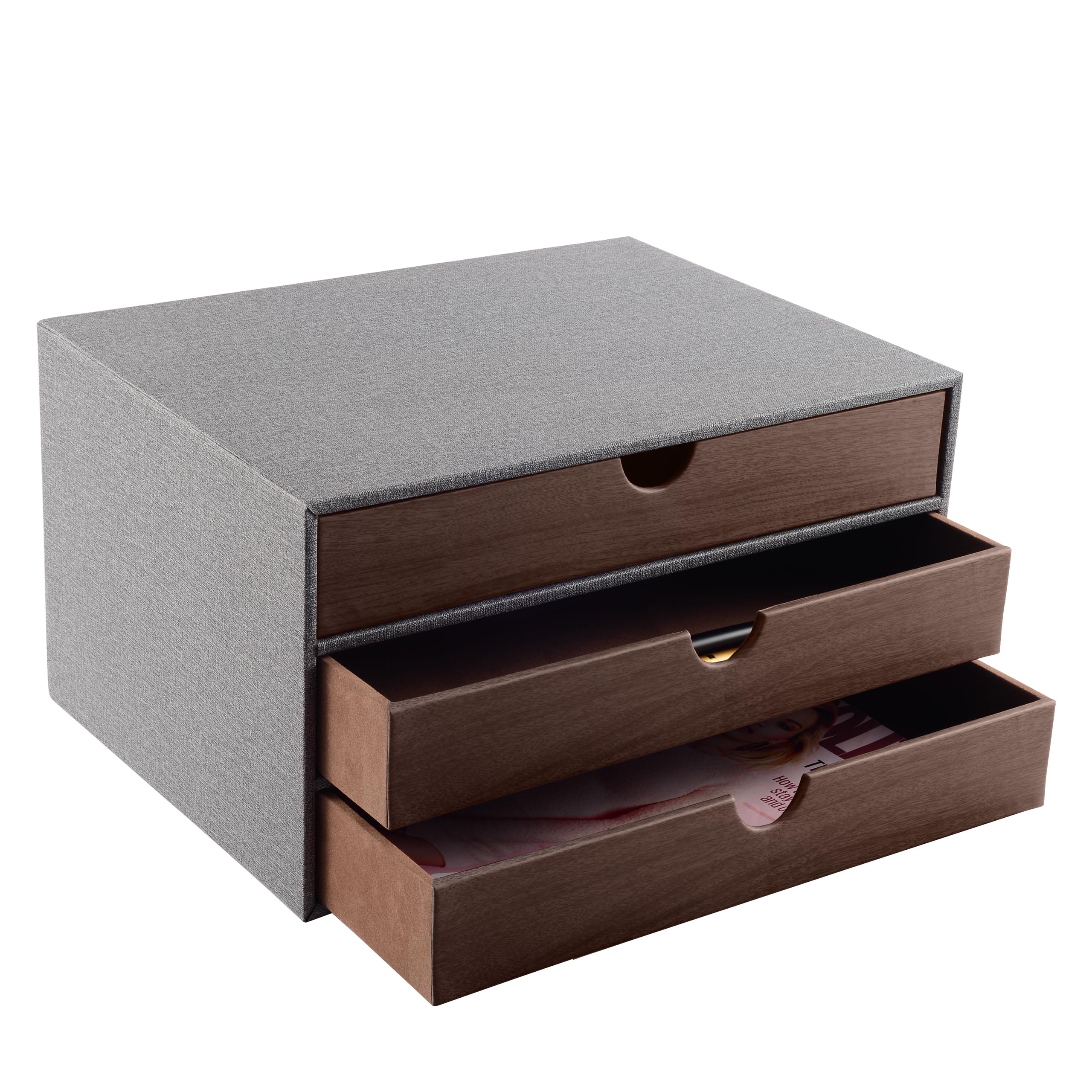 XNONE Home Office Desktop Desk Drawer Box with 3 Closed A4 Compartments, PU Leather Drawer Box, Jewellery Organiser, Cosmetic Organiser, U-shaped Opening, Hand-Stitched Seams (Grey)