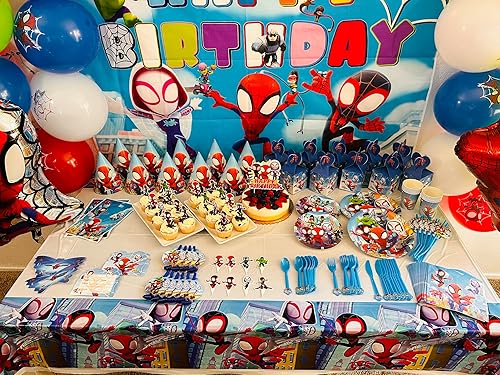 Kit de suministros de fiesta de cumpleaños para decoración de araña, 218 piezas, incluyendo decoración de pastel, vajilla, decoraciones, globos de