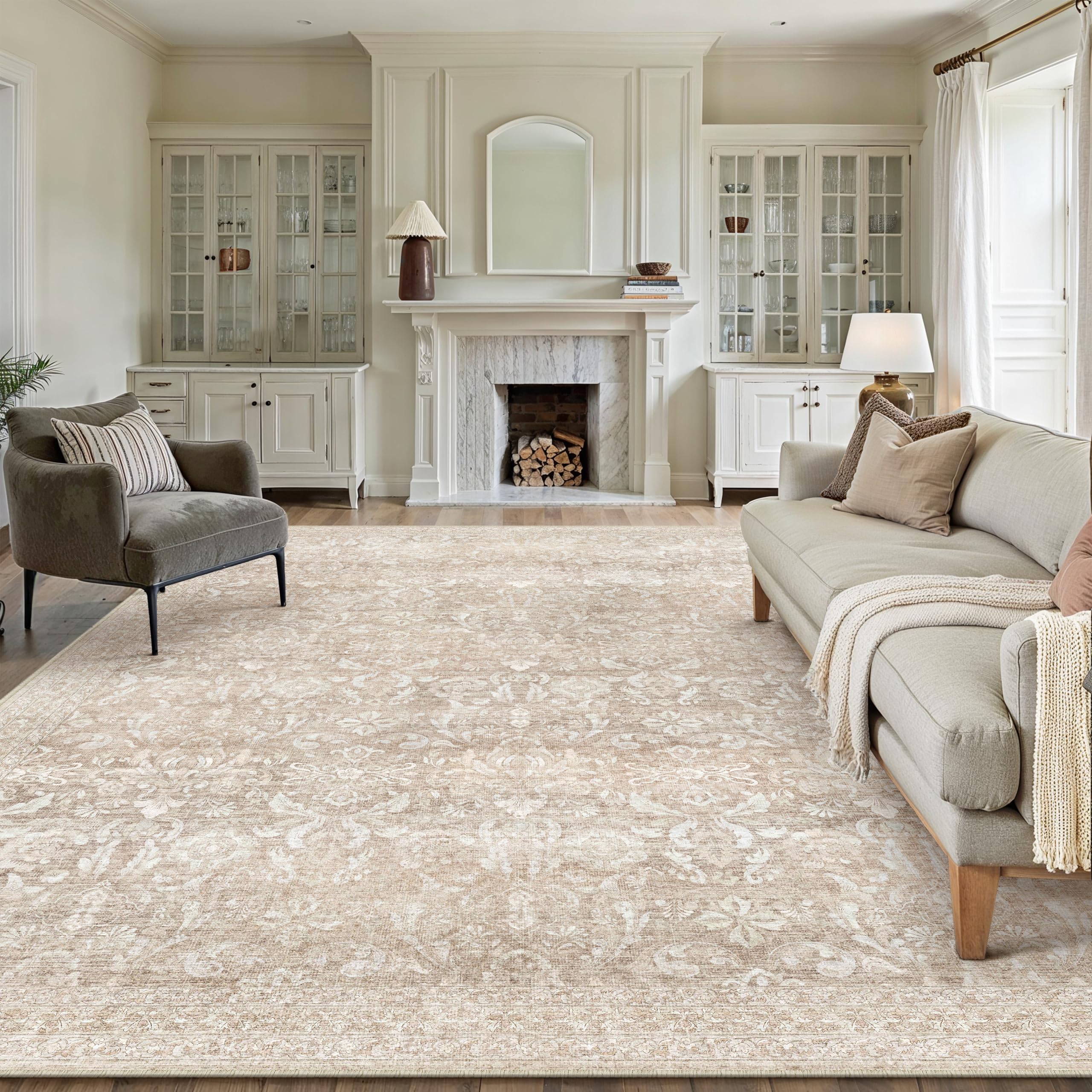 PureCozy Alfombra Salon 200x300cm Beige Lavables en Lavadora | Antideslizante, Vintage, Grande, Alfombras Sala, Dormitorio, Comedor, Cocina, Carpet, Pelo Corto, Rug