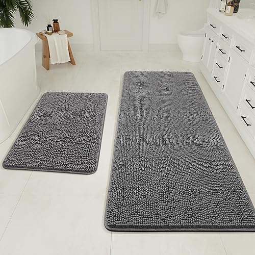 LOCHAS Juego de 2 alfombras de baño de 20 x 32 pulgadas más 24 x 60 pulgadas de grosor, antideslizantes, alfombra de baño de felpilla suave y