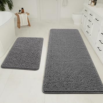 LOCHAS Bathroom Rugs Sets 2 Piece, Chenille Non Slip Bath Mat Set, Grey
