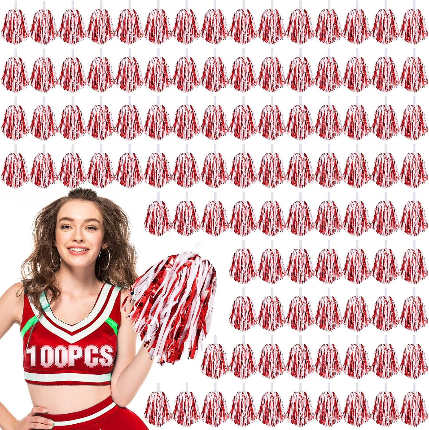 Hanaive 100Pcs Metallic Cheerleading Pom Poms with Baton Handle Cheerleader Pompom Foil 30g Cheering Squad Hand Flowers for Adults Team Spirit Sports Party Cheering