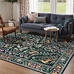 Navy Blue Rugs for Living Room, 5x7 Machine Washable Area Rug Floral Non-Slip Low Pile Large Living Room Carpet,Whimsical Peacock Rugs for Bedroom, Farmhouse, Dining Room, Kids Playroom