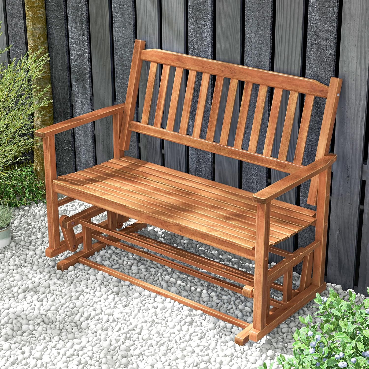 Giantex Outdoor Glider, Patio Glider Bench with Safe Gliding, Slatted Seat & Backrest, 2-Person Loveseat, Glider Rocking Chair, Outside Swing Chair for Garden Yard Lawn Porch Patio Rocker, Natural