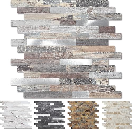 Miniatura 1 de Yipscazo - Losetas de azulejo en muro, de metal de madera, para despegar y pegar, adhesivos, para cocina, baño, lavandería, cámper, chimenea (30,5 x