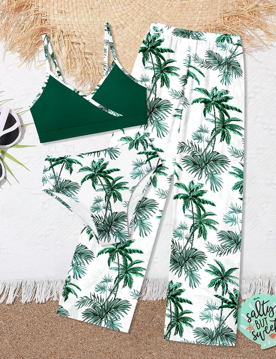 Girls Swimsuit 3 Piece Tropical Print Bathing Suit V Neck Bikini Set with Quick Dry Cover Up Pants 9-16Y - Image 5