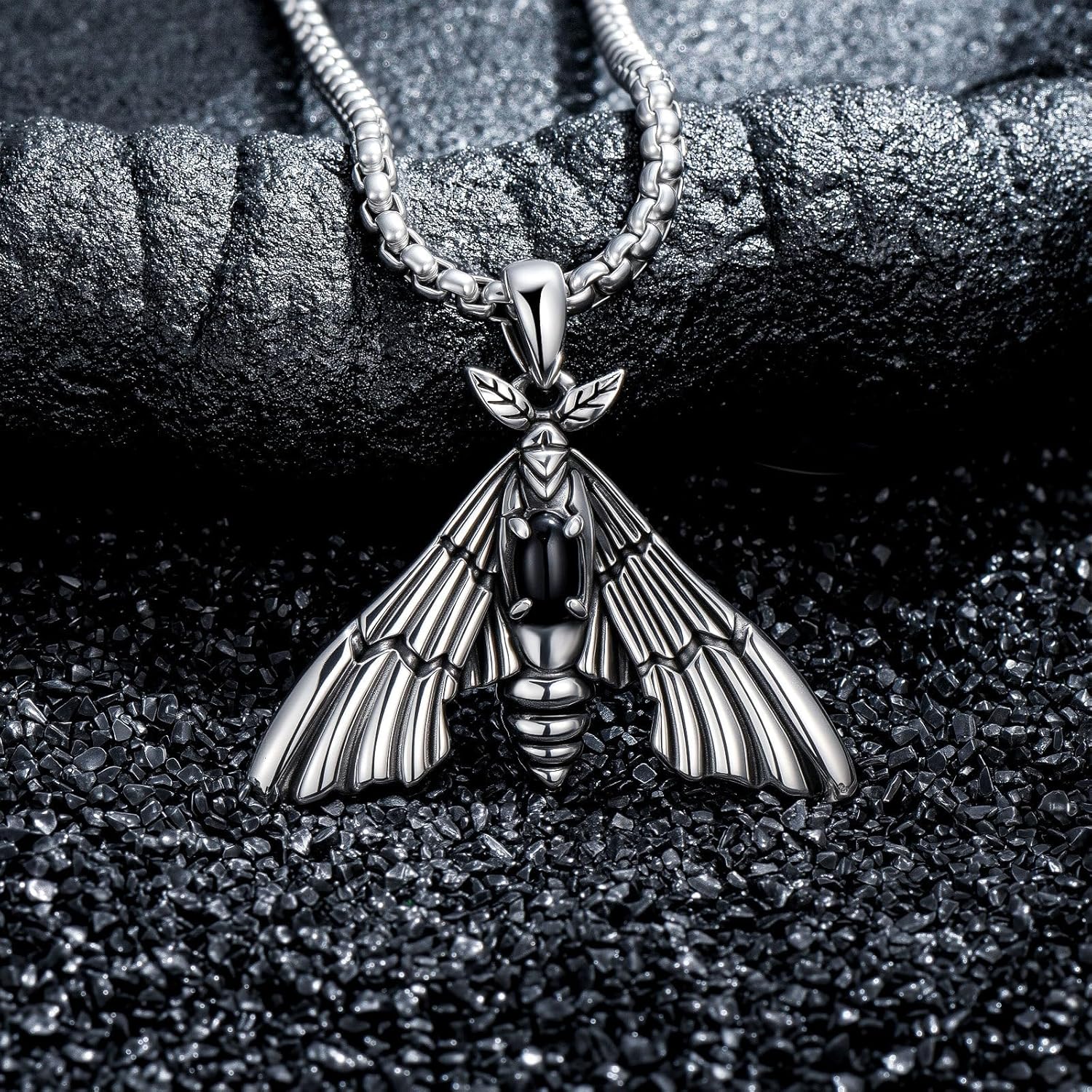 Moth Necklace 925 Sterling Silver Obsidian Death Moth Pendant Gothic Halloween Jewelry for Men Women - Image 2