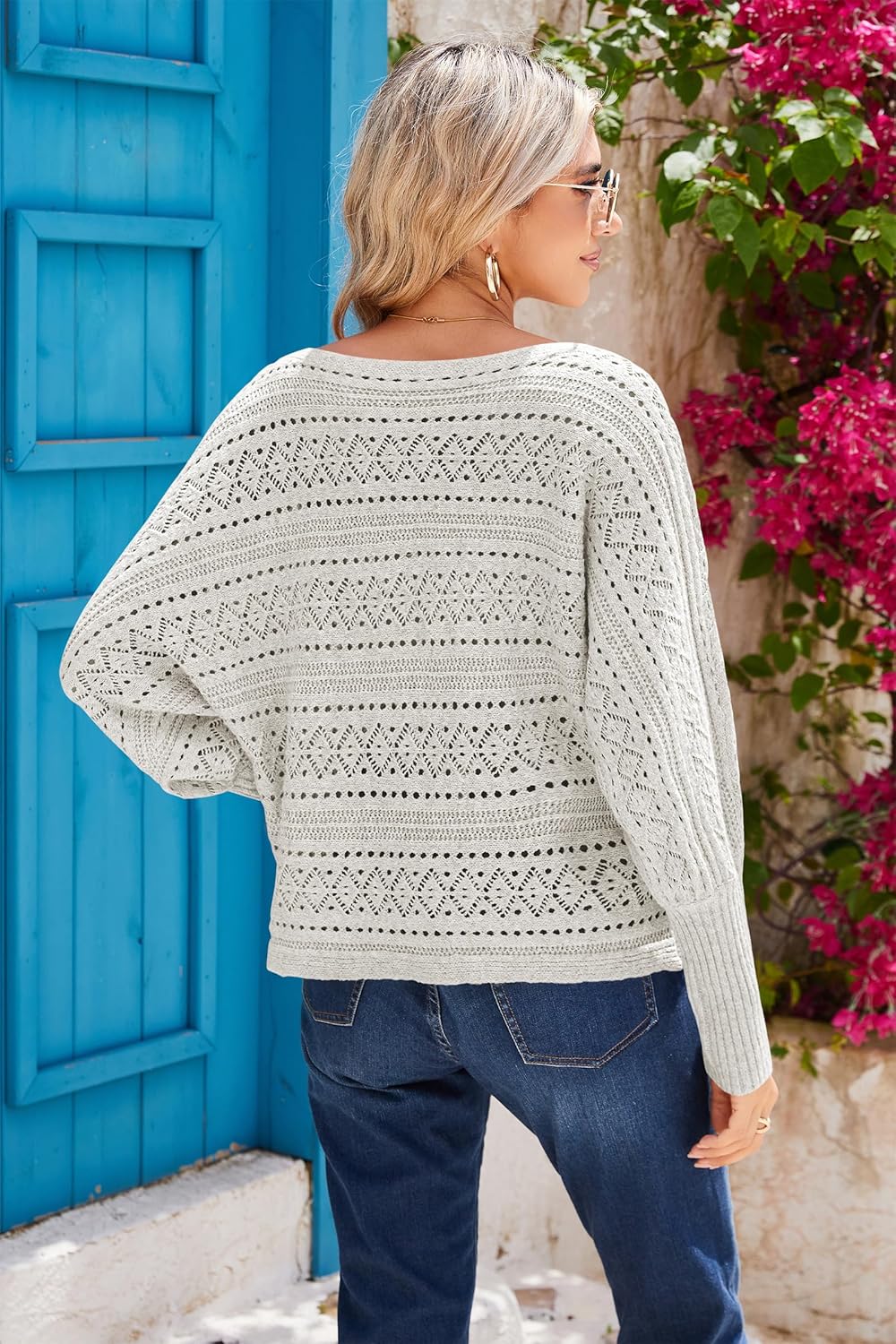 Cakulo Womens Off Shoulder Sweater Top Fall Outfits Fashion 2025 Oversized Knit Batwing Long Sleeve Crochet Pullover Sweaters - Image 8