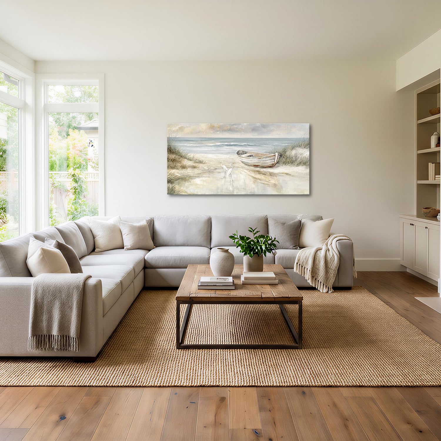 SENROLAN Extra Large Coastal Wall Art for Living Room, Horizontal Seascape Canvas Wall Art with Boat and Birds, Neutral Ocean Picture for Bedroom Wall, Ready to Hang Beach Wall Decor, 29x58 Inch