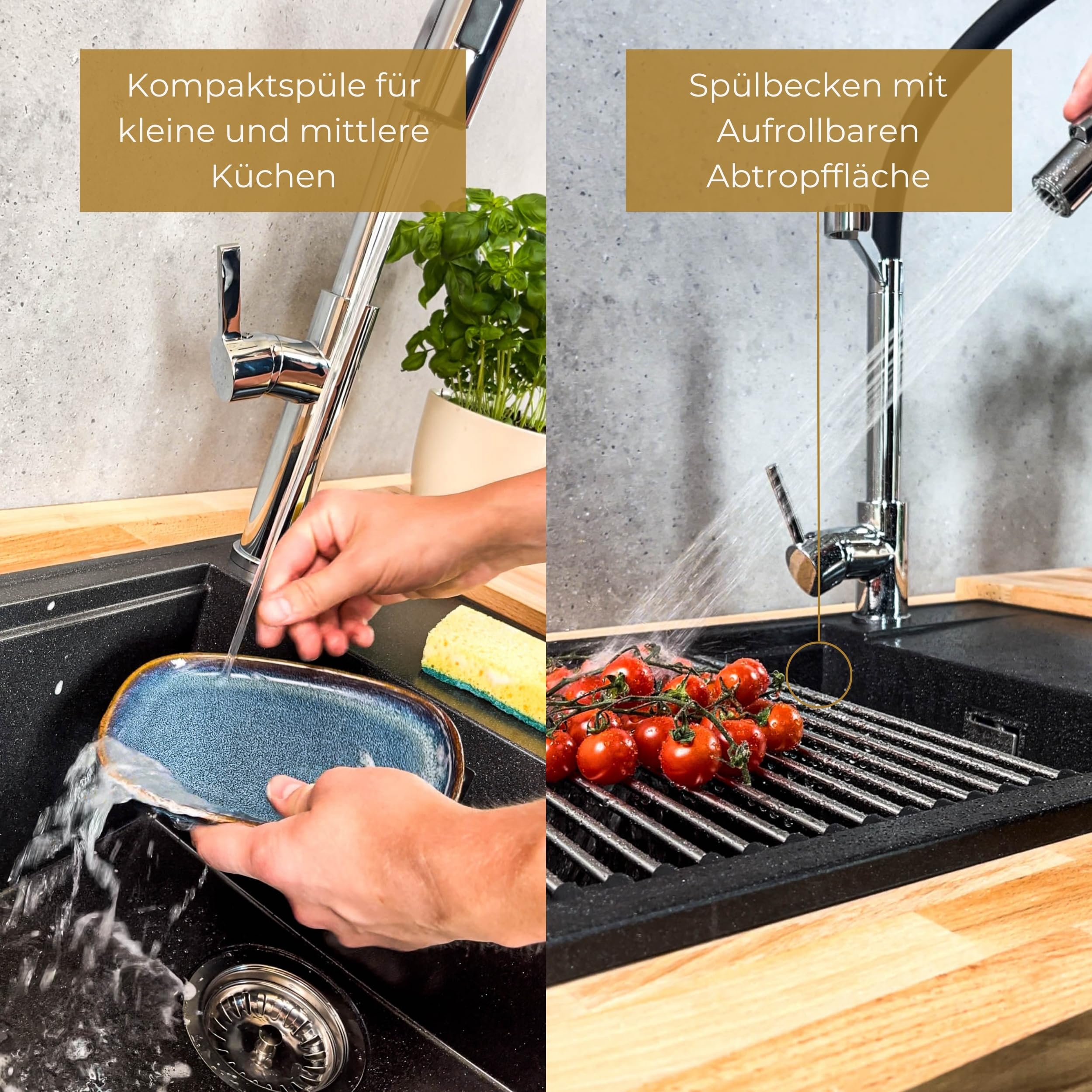 SINK Quality zlewozmywak beżowy z armaturą zestaw 62 x 46 – zlewozmywak z kranem, syfon, push, ociekacz, środek impregnujący – kompletny zestaw do szafki pod umywalkę 55