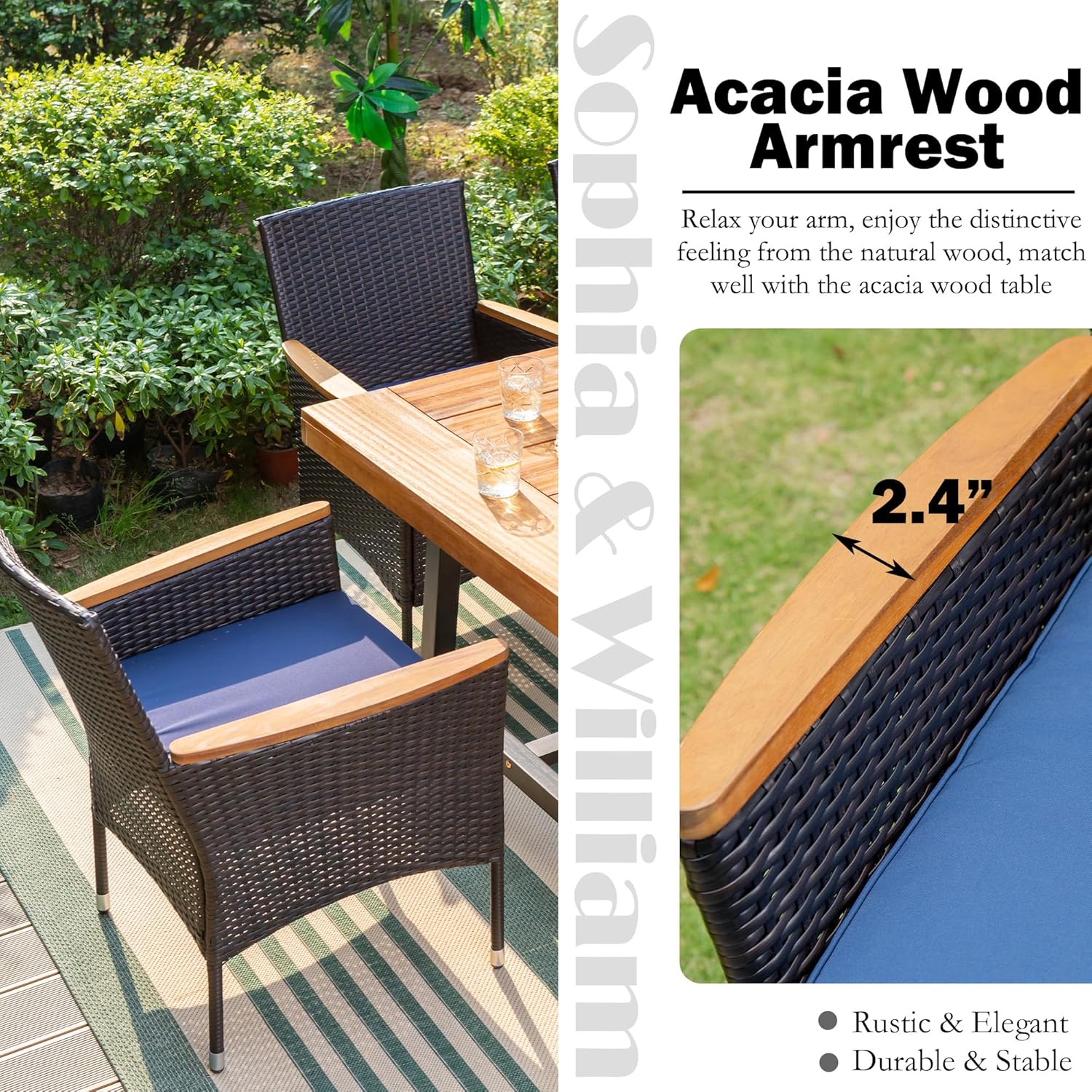 Sophia & William Rattan Patio Chairs Set of 4, 4 Pcs Wicker Outdoor Dining Chairs with Seat Cushions & ​Wood Armrest