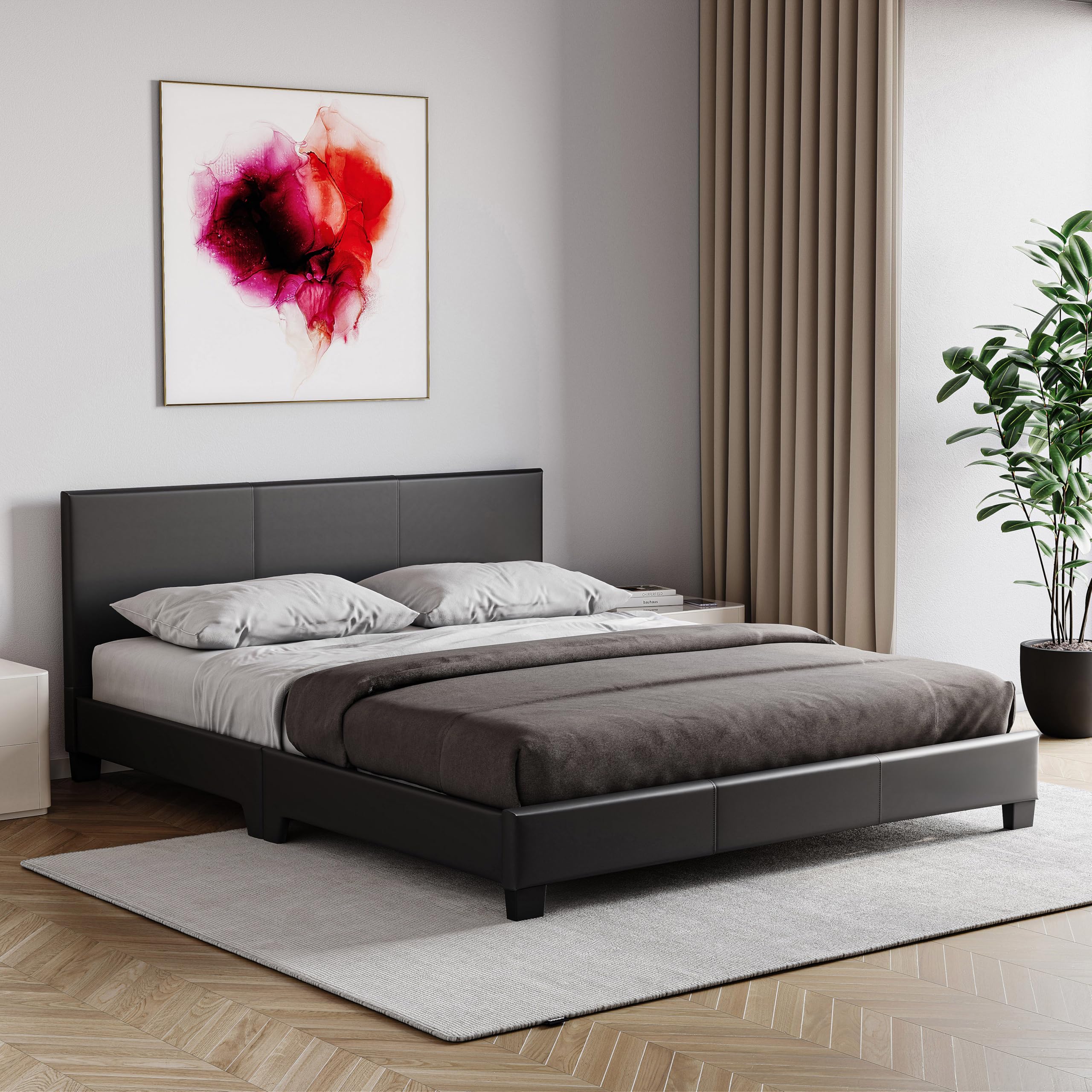 Vida Designs Lisbon King Size Bed, 5Ft Bed Frame Upholstered Faux Leather Headboard Low Foot End Bedroom Furniture, Black (UKFR Certified) — image 1