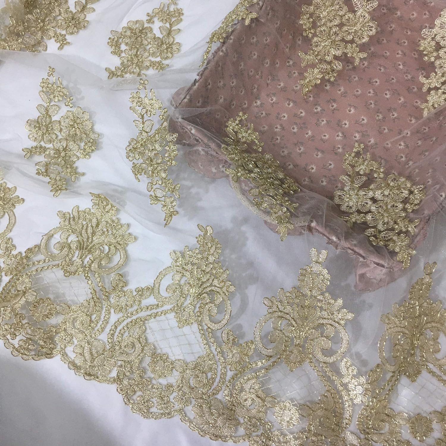 51" Wide Golden Car Bone Lace Trims Handmade Embroidery lace Floral Lace Fabric for Wedding Dress Veil,Dance Costume Accessories,DIY Clothes Curtain Home Decoration (2 Yard, Golden)