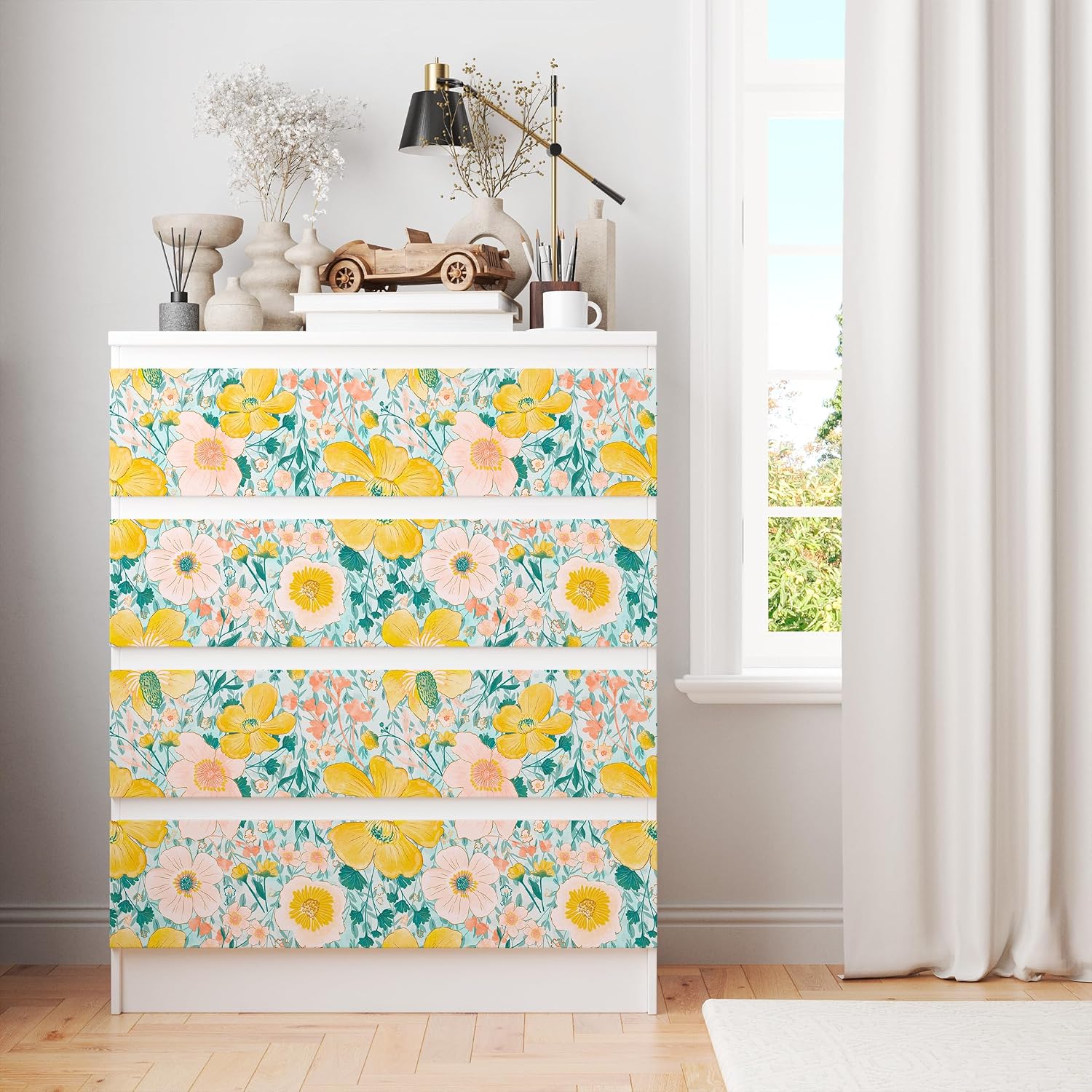 Boho Bright Yellow Floral Peel and Stick Wallpaper Watercolor Light Pink Flower Self Adhesive Wallpaper Removable Contact Paper for Cabinets Bathroom Bedroom