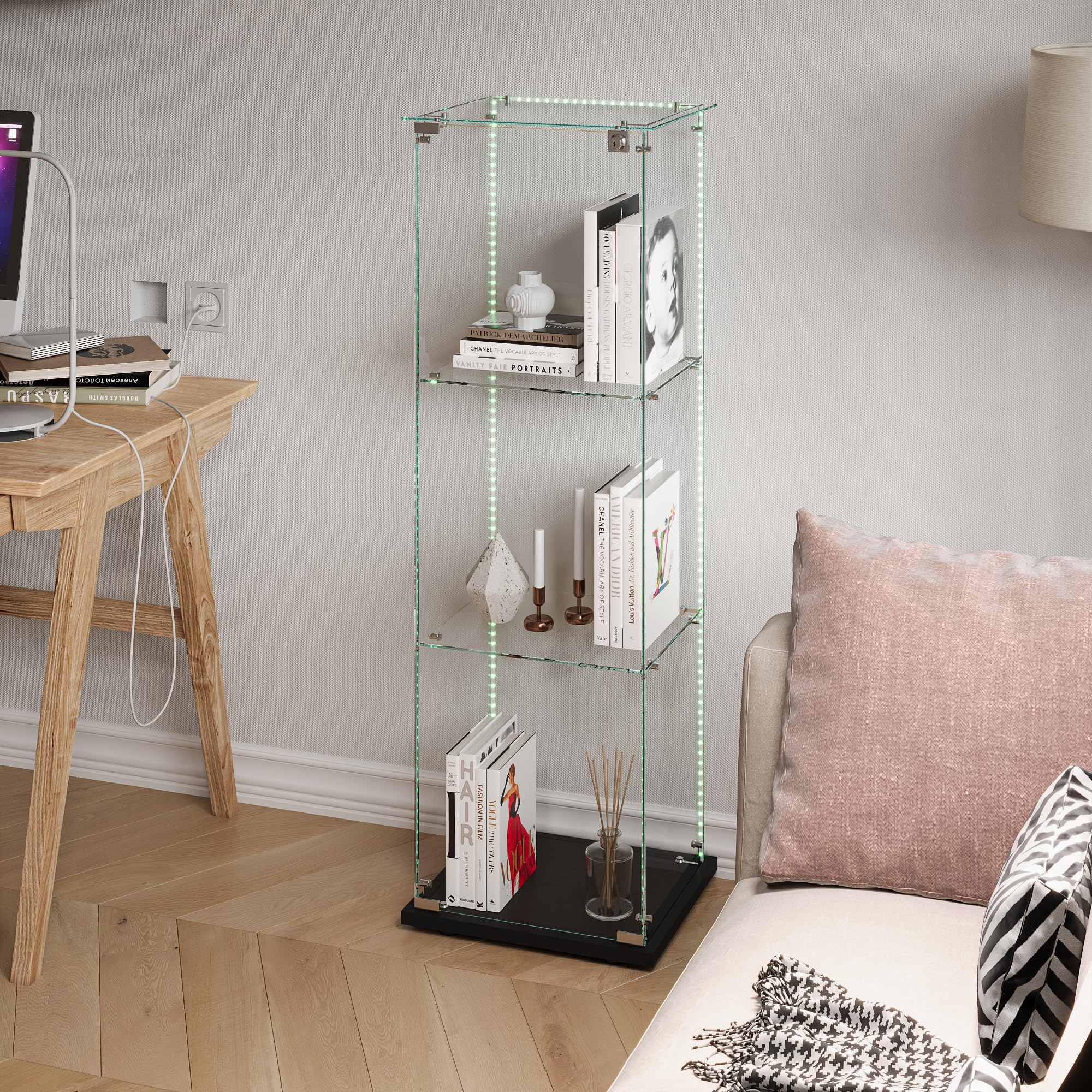 DULRLLY escaparate para colección, vitrina de cristal con LED y cerradura, armario de colección moderno con 3 estantes y 2 puertas, transparente armadura escaparate (negro+tira LED, 3 pisos+1 puerta)