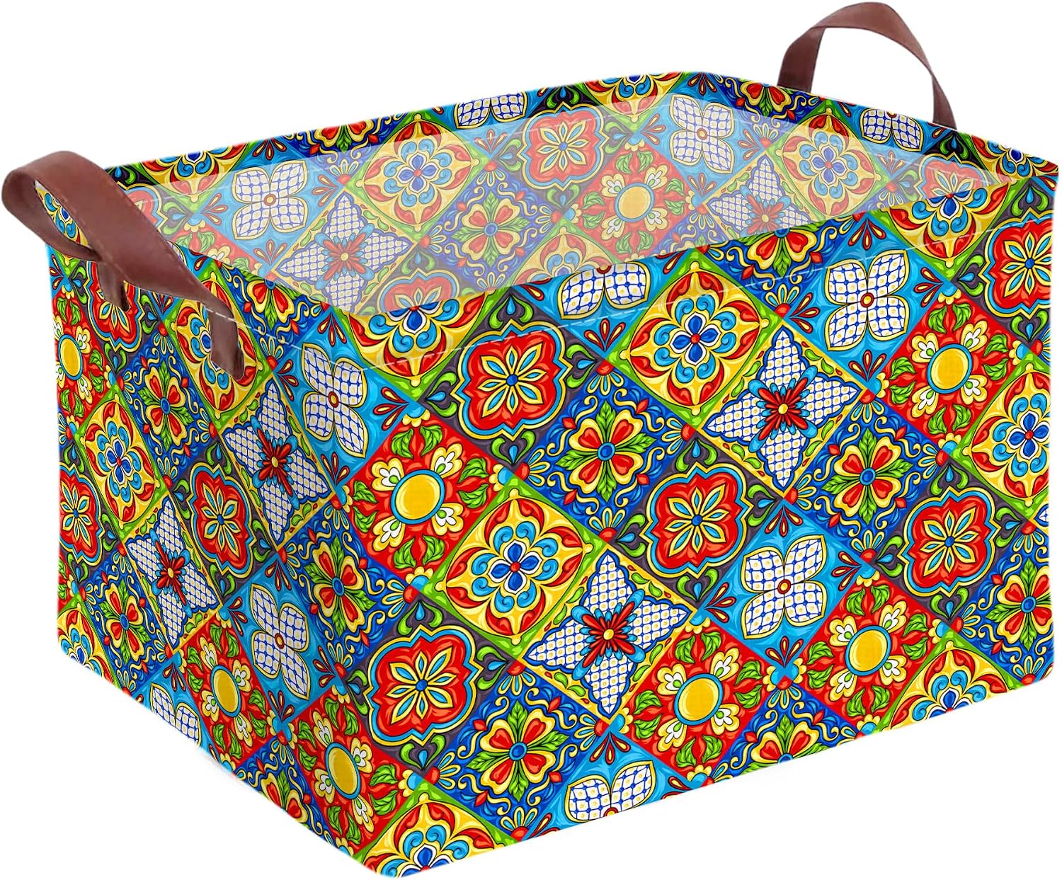 Mexican Talavera Decor Storage Basket Waterproof Canvas Toy Storage Bin Mexican Decor For Home Collapsible Outdoor Basket with Leather Handles Mexican Gifts Blanket Baskets For Closets,Bedrooms