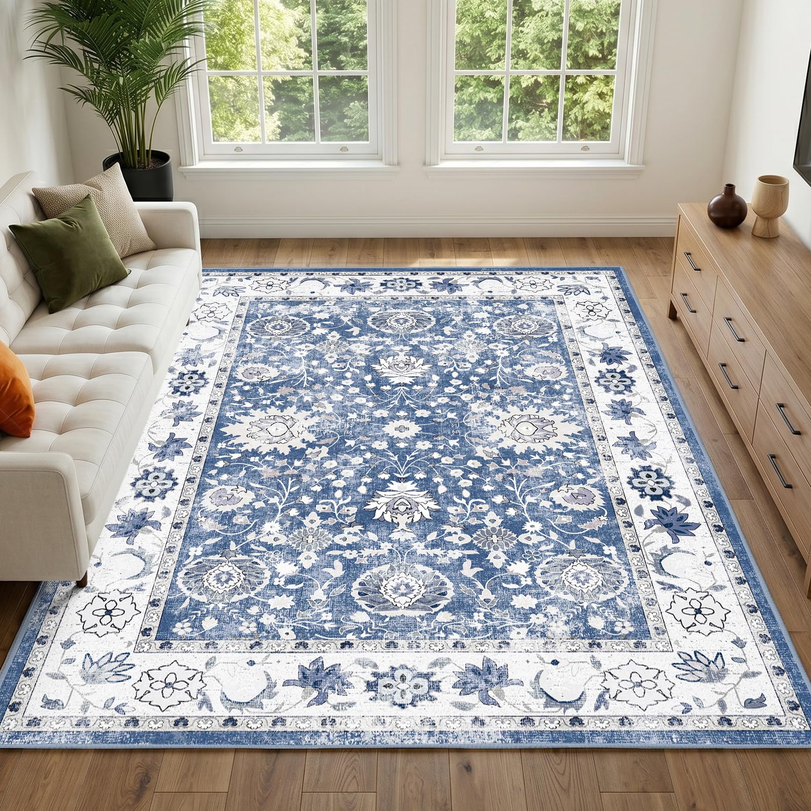 IKALIFE Vintage Blue Washable Rug, 120 x 170 cm Non Slip Low Pile Area Rug