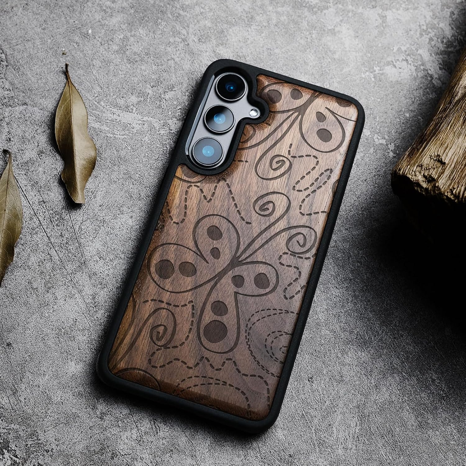 Carveit Wood Case for Galaxy S24 Plus Case [Natural Wood & Black Soft TPU] Shockproof Protective Cover Unique Wooden Design Compatible with S24 Plus (Whimsical Butterfly-Walnut)
