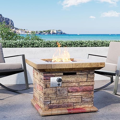 SUNBURY Fogata de propano para exteriores, hoguera cuadrada de gas Stonecrest para patio exterior, mesa de fuego de propano de hormigón de 50,000