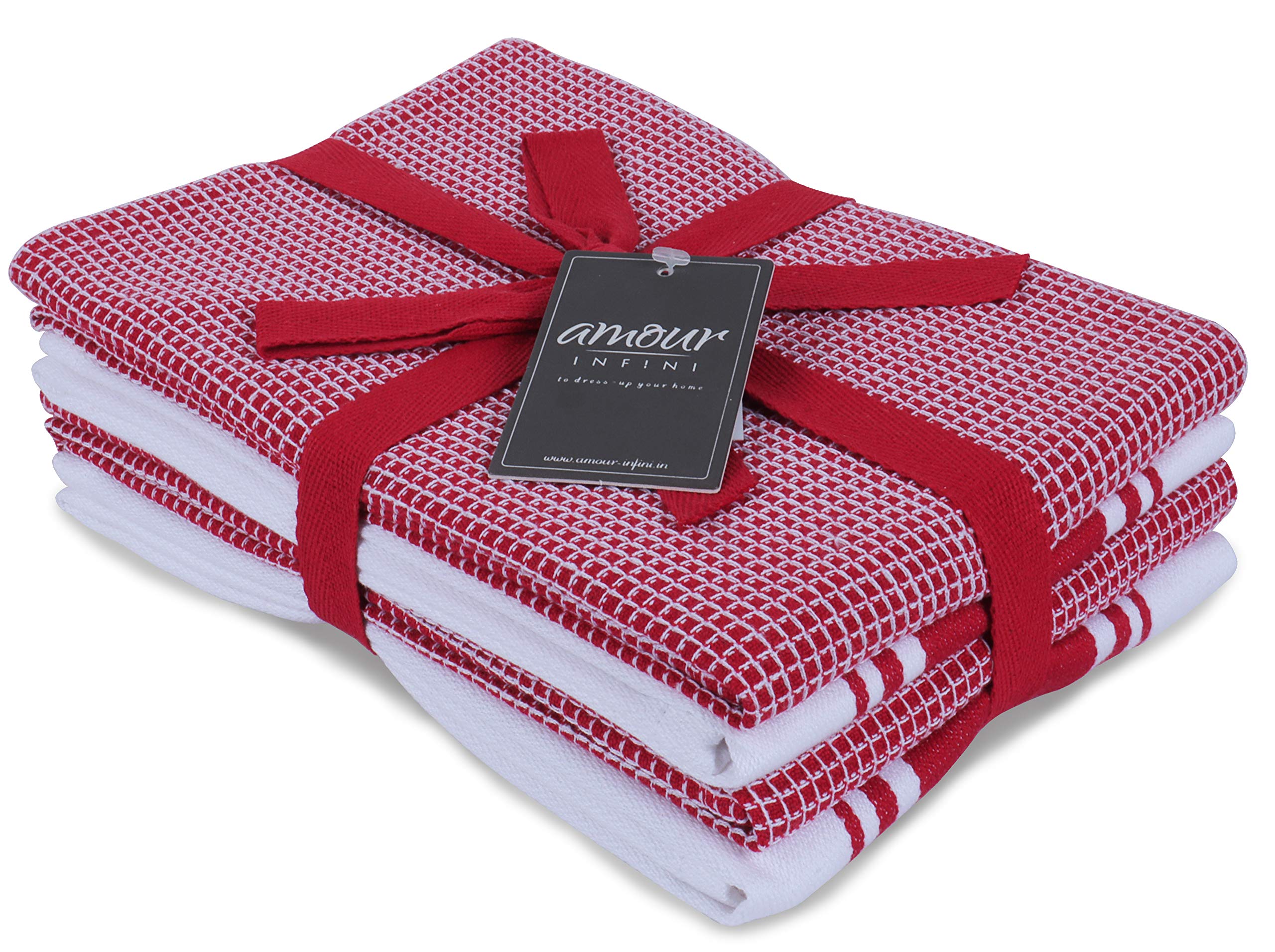 AMOUR INFINI Cotton Kitchen Towels Set of 4 Highly Absorbent, Ultra Soft Waffle Weave Tea Towel with Hanging Loop - 20x28 Inch Quick Drying Dish Cloths for Cleaning (Red) — image 1