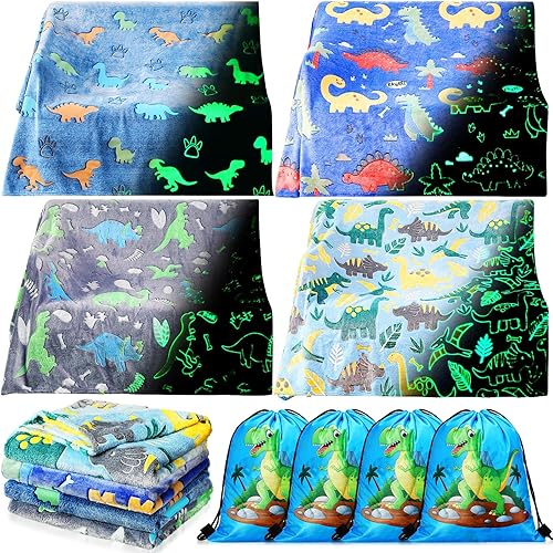 Miniatura 1 de 4 mantas que brillan en la oscuridad con 4 bolsas de almacenamiento, regalos de dinosaurio para niñas de 3 a 12 años, mantas suaves para niños de