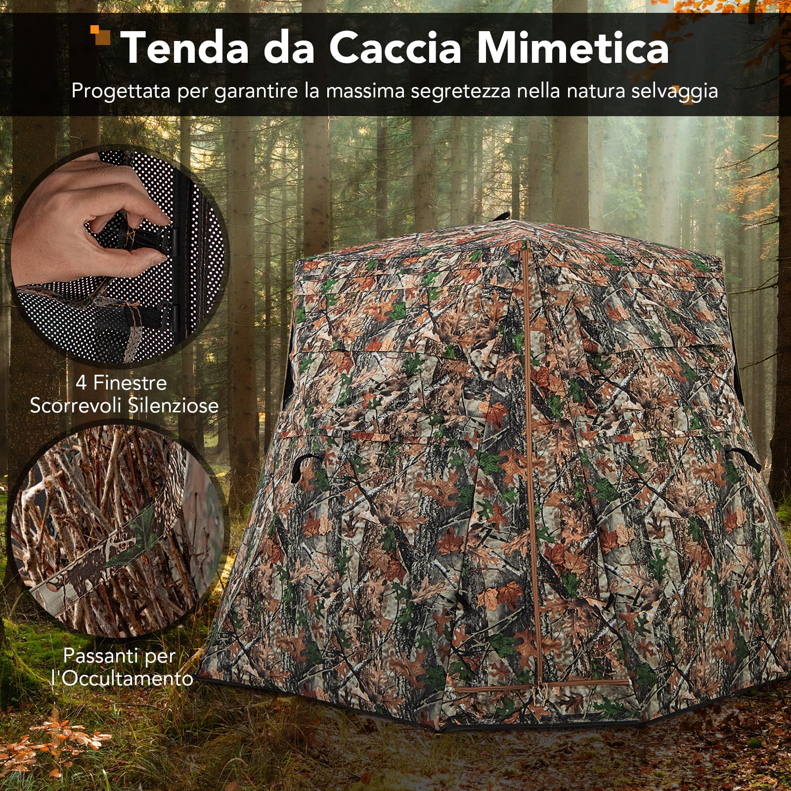 COSTWAY Tenda Mimetica per Caccia, 2-3 Persone, Visione a 360°, Camouflage, 249 x 211 x 175 cm