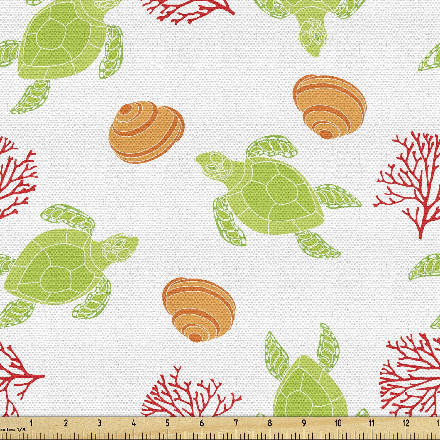Lunarable Sea Turtle Fabric by The Yard, Nautical Corals Shells and Animal Pattern, Decorative Fabric for Upholstery and Home Accents, 1 Yard, Green Apple